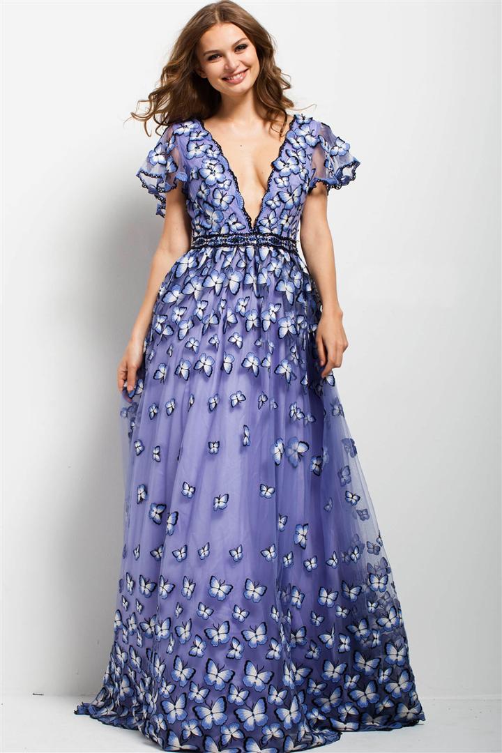Jovani - 47804 Butterfly Embroidered Plunging Dress