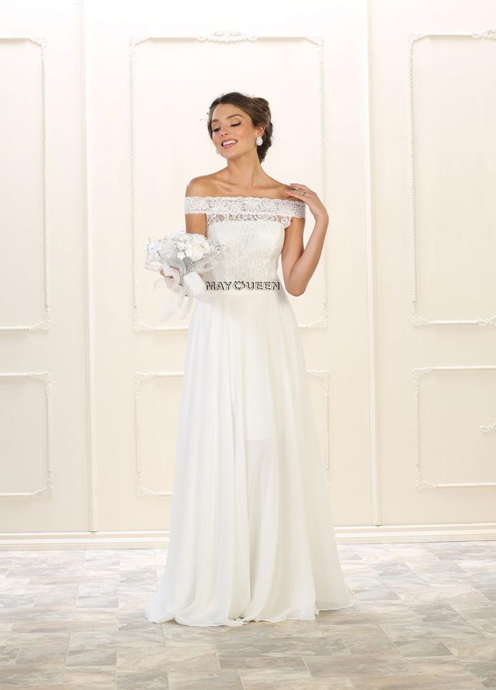 May Queen - Mq1514 Lace Overlaid Off-shoulder A-line Bridal Gown