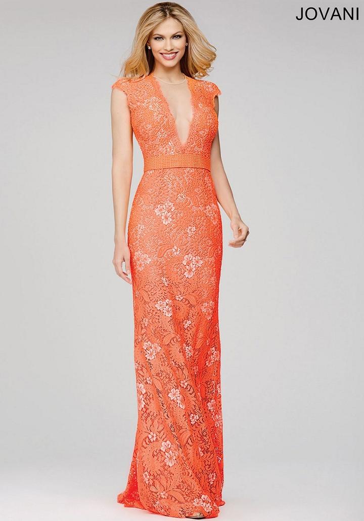 Jovani - Lace And Bead Embellished Illusion Jewel Neck Sheath Dress 28200