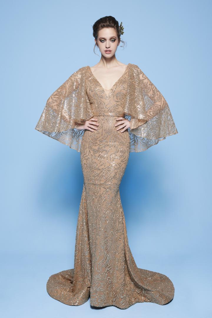Mnm Couture - N0245 Sequin Embellished Mermaid Gown With Cape Sleeves