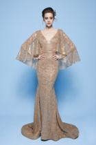 Mnm Couture - N0245 Sequin Embellished Mermaid Gown With Cape Sleeves