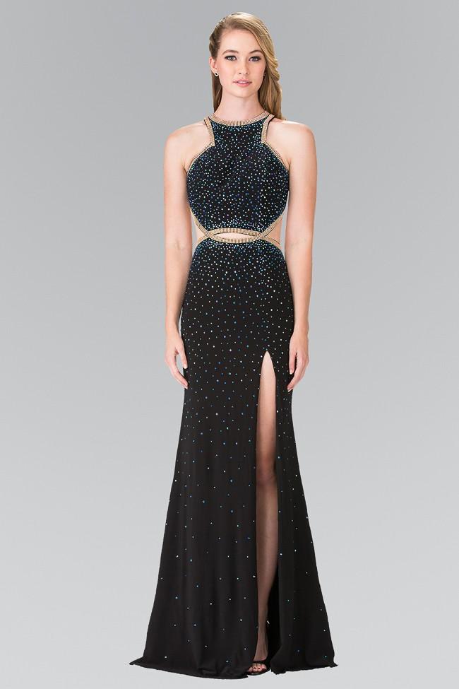 Elizabeth K - Sequined Halter Long Dress With Slit Gl2265