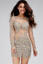 Jovani - 99022 Beaded Lace Sheer Long Sleeve Sheath Dress