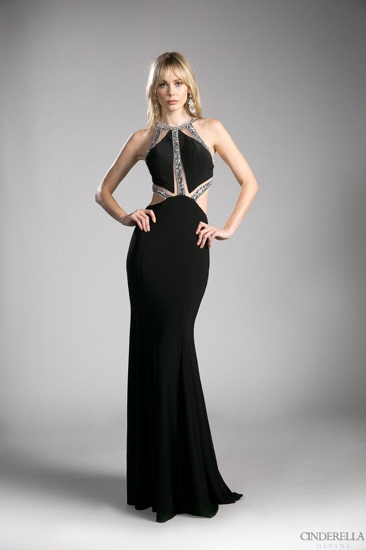 Cinderella Divine - Sleeveless Bedazzled Halter Neck Sheath Dress