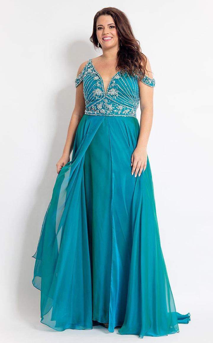 Rachel Allan Curves - 6313 Silver Embellished V-neck Chiffon Dress