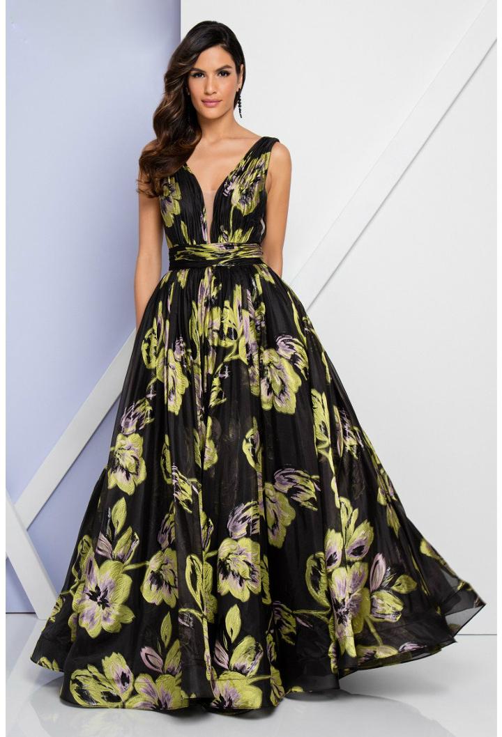 Terani Evening - 1722e4200 V-neck Ruched Floral Evening Gown