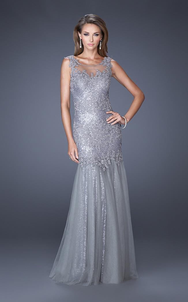 La Femme - 19485 Sequined Fitted Lace Appliques Trumpet Gown