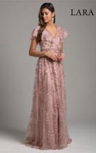 Lara Dresses - 29966 Floral Embellished V-neck Evening Dress