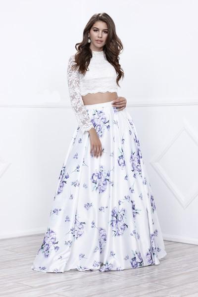 Nox Anabel - Laced Long Sleeve High Neck Floral A-line Dress 8207