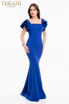 Terani Couture - 1821e7102 Ruffled Shoulder Open Back Long Evening Gown