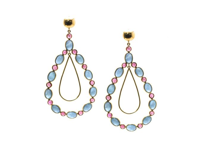 Tresor Collection - 18k Yellow Gold Earrings With Aquamarine And Pink Tourmaline