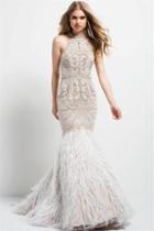 Jovani - Crystal Beaded Feathered Dress 49416
