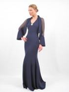 Daymor Couture - 656 V Neck Dress With Brooch And Illusion Sleeves