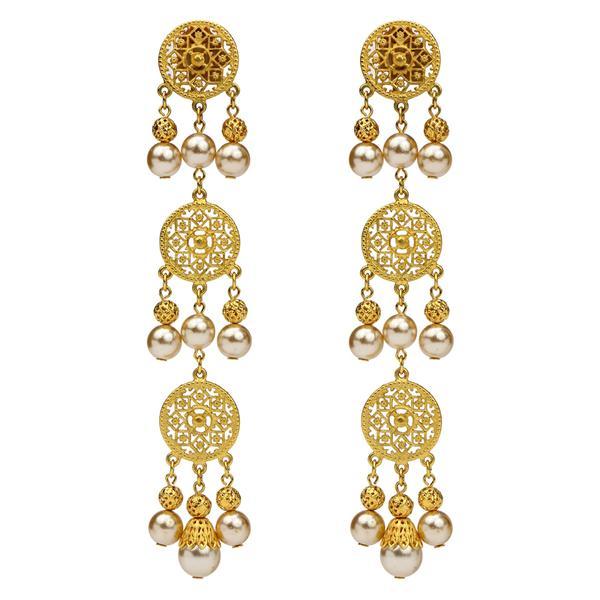 Ben-amun - Gold & Pearl Medallion Drop Clip On Earrings