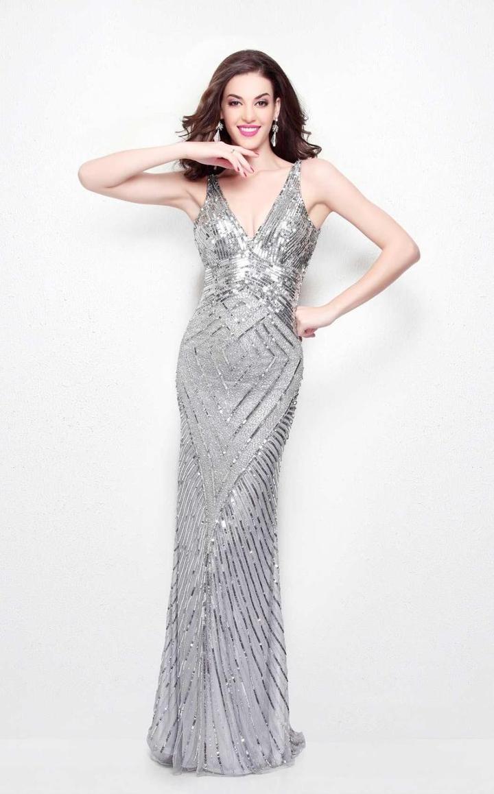 Primavera Couture - Geometric Adorned Plunging V-neck Sheath Gown 1579