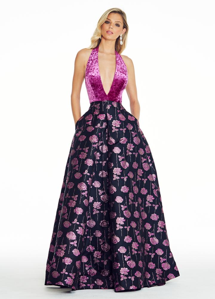 Ashley Lauren - 1296 Velvet Deep Halter Brocade Ballgown