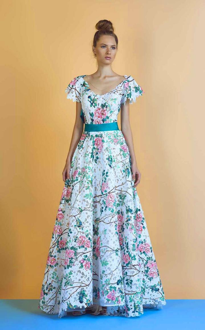 Beside Couture - Bc1217 Floral Print Sheer V-neck Dress