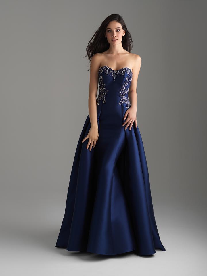 Madison James - 18-606 Strapless Scroll Beaded Mikado Overskirt Gown