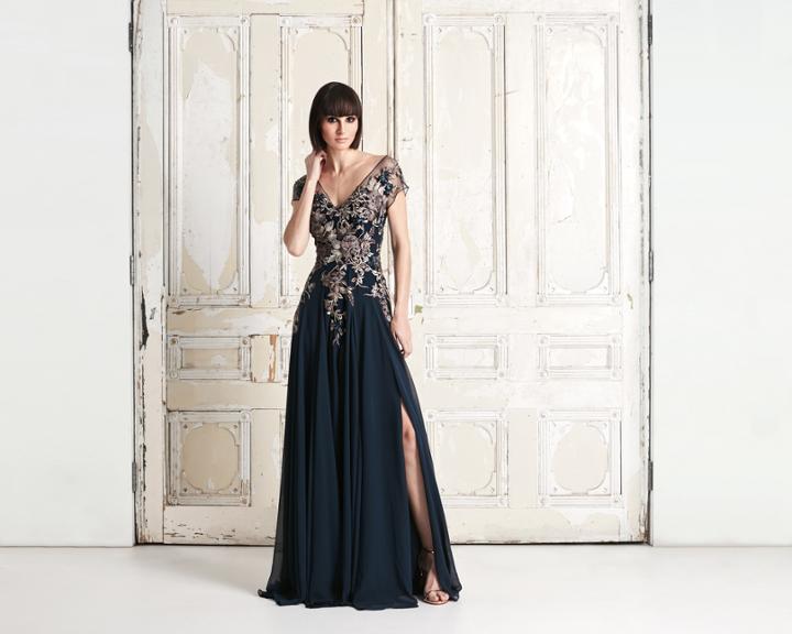 Daymor Couture - 758 Floral Embroidered Wide V-neck A-line Dress