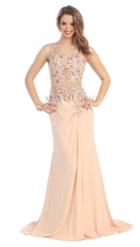 Floral Applique Illusion Chiffon Gown