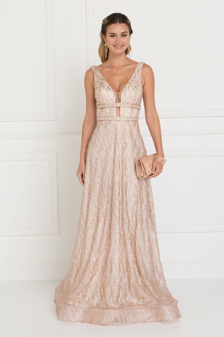 Elizabeth K - Gl1575 Sequined Deep V-neck Organza A-line Dress