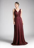 Cinderella Divine - Plunging V-neck Shirr-ornate A-line Gown