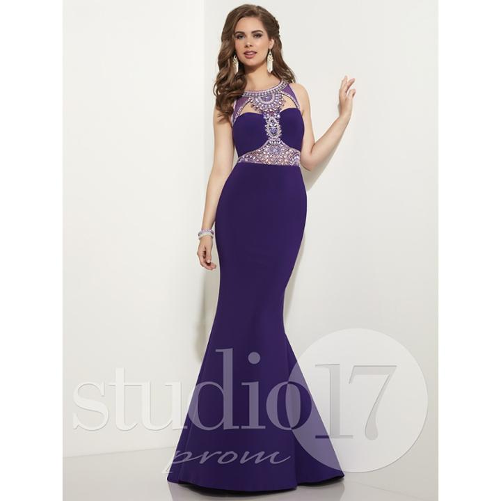 Studio 17 - Dazzling Beaded Bateau Neck Jersey Trumpet Gown 12631