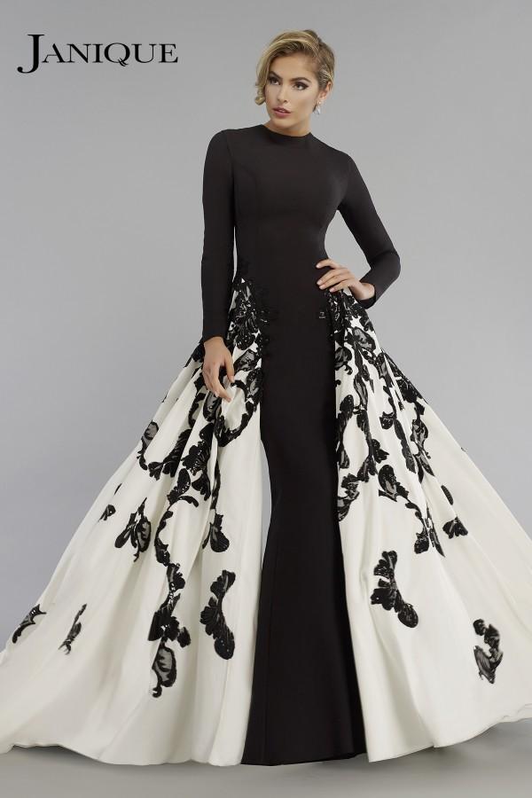 Janique - Long Sleeve Congregated A-line Open Overlay Gown W1632