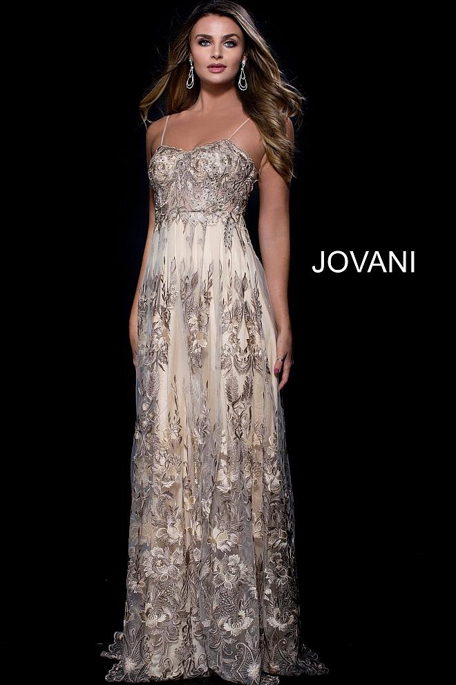 Jovani - 55135 Spaghetti Straps Floral Embroidered A-line Gown