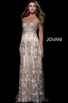 Jovani - 55135 Spaghetti Straps Floral Embroidered A-line Gown