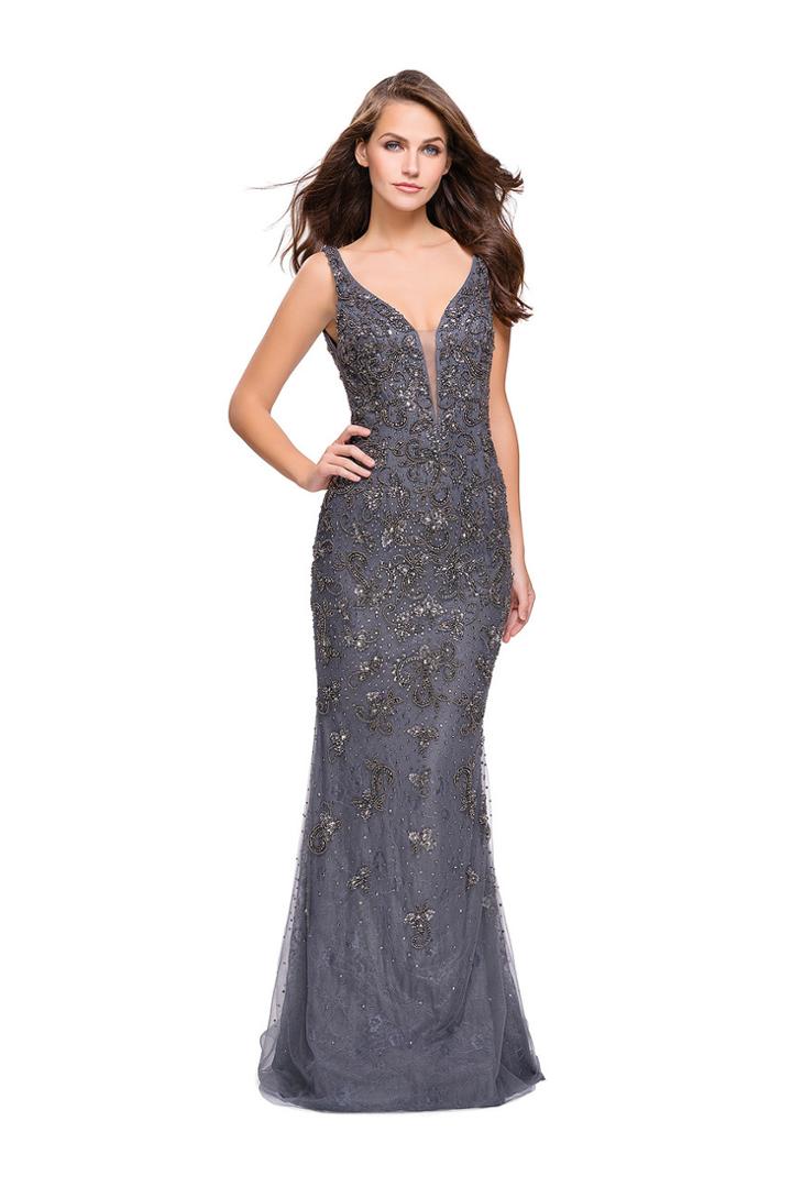 La Femme Gigi - 26054 Plunging V-neck Metallic Beaded Evening Gown