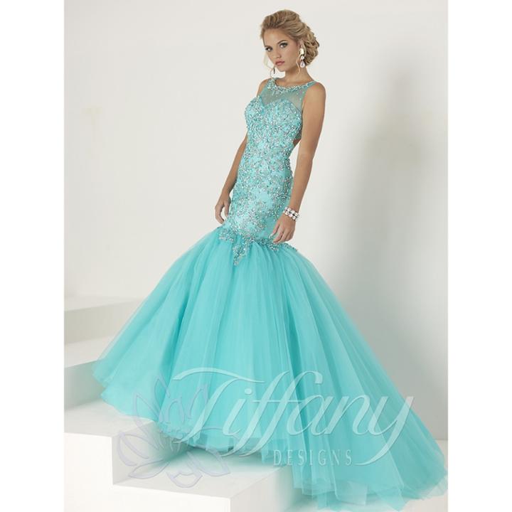 Tiffany Designs - Sparkling Illusion Bateau Neckline With Tiered Mermaid Gown
