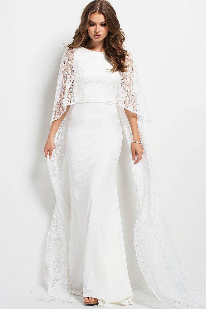 Jovani - 46072 Bateau Neck Lace Overlay Evening Gown