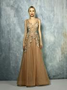 Beside Couture By Gemy - Bc1300 Sheer Leaves Applique Tulle Gown