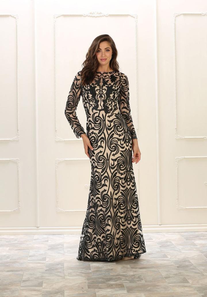 May Queen - Rq7577 Long Sleeve Embroidered Evening Gown