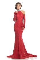 Johnathan Kayne - 8219 Feathered Long Sleeve Lace Mermaid Gown