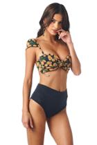 Montce Swim - Saffron Floral Cabana Top X Black Faux Suede High Rise Bottom Bikini Set