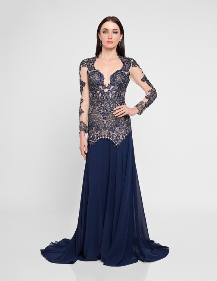 Terani Couture - 1811m6573 Long Sleeve Intricate Lace Queen Anne Gown