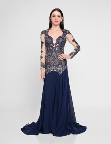 Terani Couture - 1811m6573 Long Sleeve Intricate Lace Queen Anne Gown