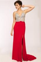 Jovani - Crystal-crusted V-neck Long Sheath Gown