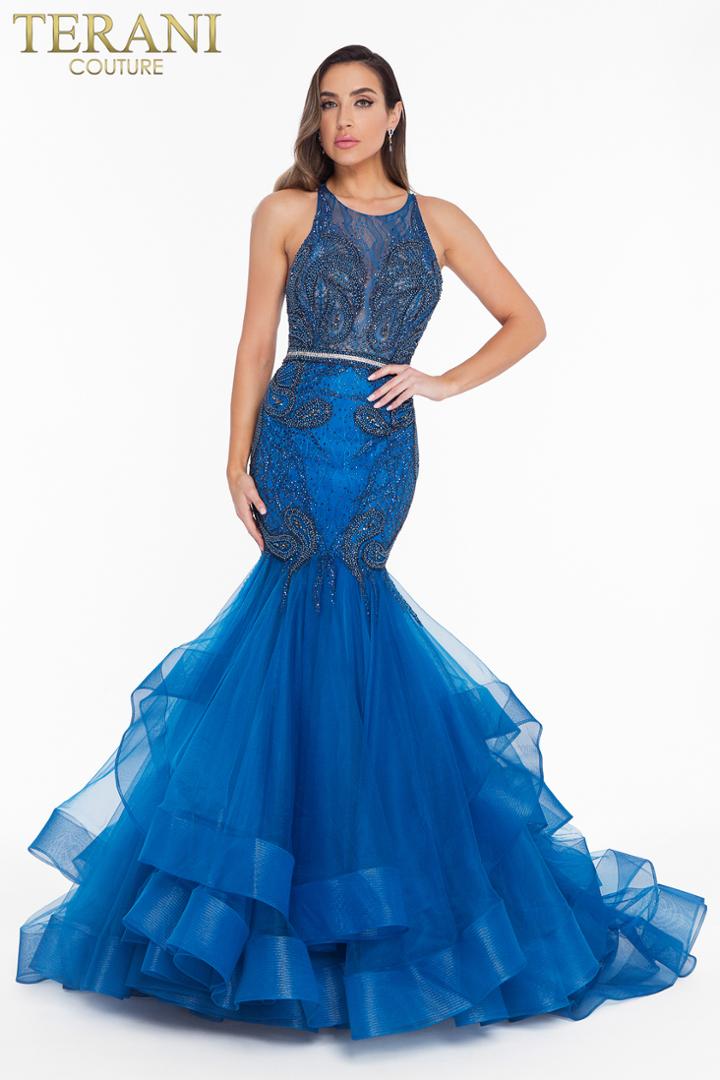 Terani Couture - 1822gl7515 Lace Embroidered Layered Trumpet Dress