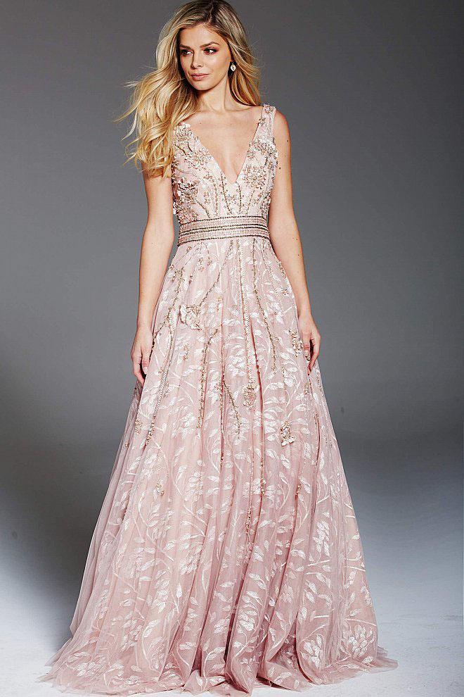 Jovani - 50126 Floral Embellished Deep V-neck Ballgown