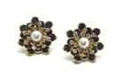 Tresor Collection - Blue Sapphire, White Sapphire And Pearl Flower Stud Earrings In 18k Yellow Gold