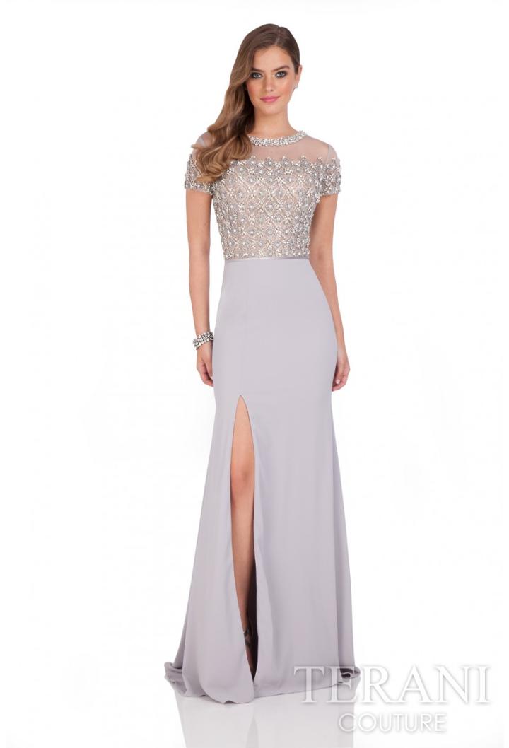 Terani Evening - Short Sleeve Crepe Illusion Gown 1611m0608b