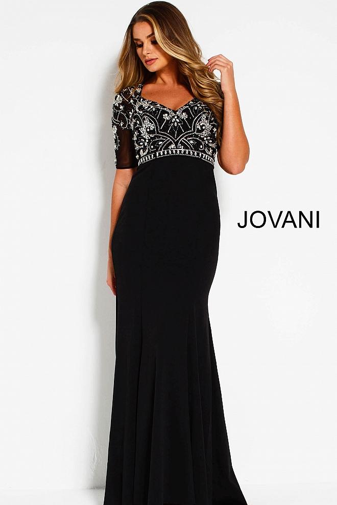 Jovani - 53134 Beaded V-neck Short Sleeve Sheath Dress