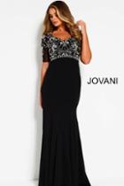 Jovani - 53134 Beaded V-neck Short Sleeve Sheath Dress