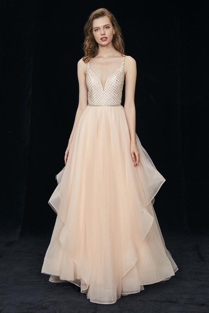 Angela And Alison - 81035 Lattice Plunging Pleated Evening Gown