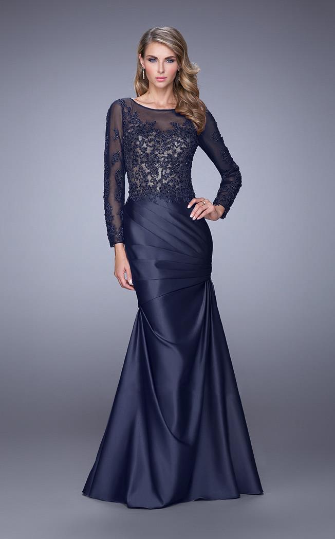 La Femme - 21708 Pleated Illusion Bateau Neck Trumpet Dress