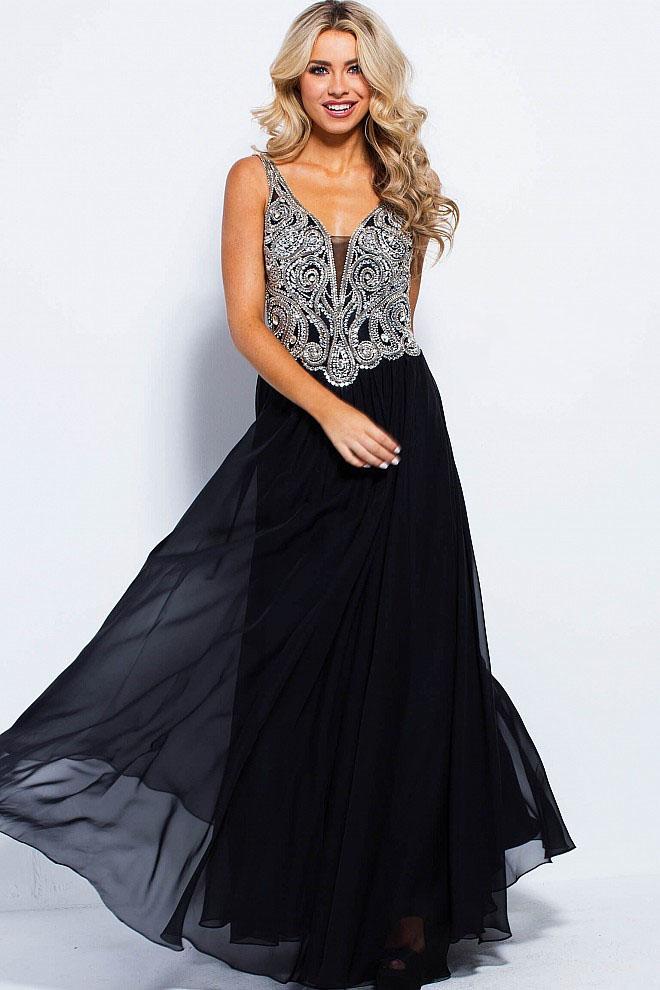 Jovani - Jvn53126 Embroidered Plunging Chiffon Dress