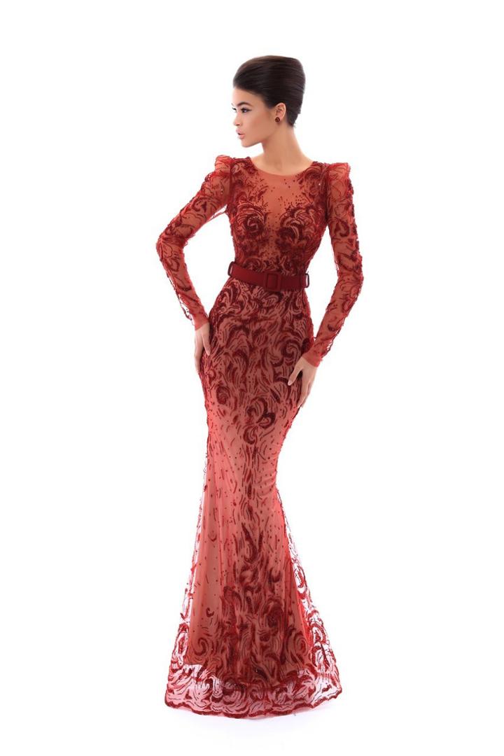 Tarik Ediz - 93496 Beaded Jersey Tulle Sheath Dress